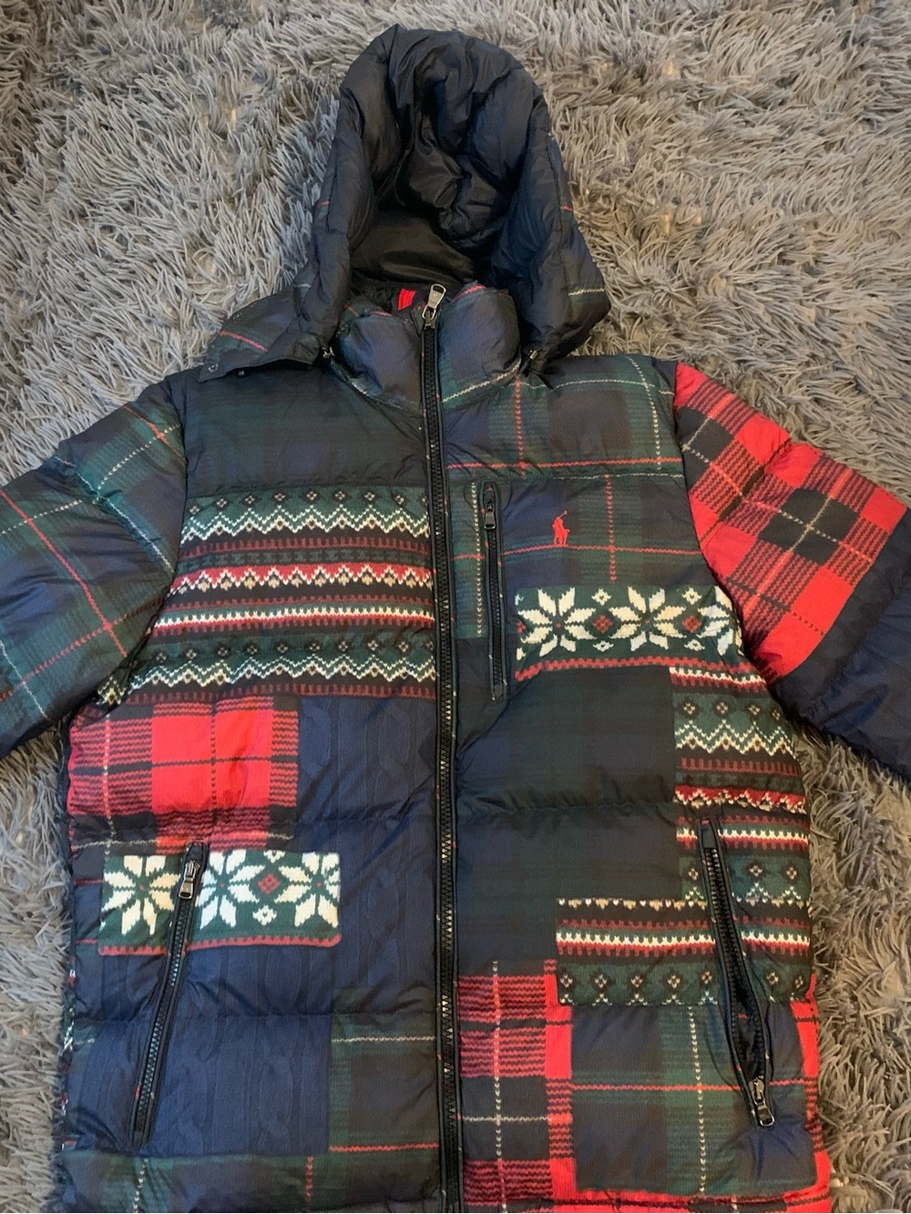 Polo Ralph Lauren Patchwork Hooded Puffer Jacket- Medium